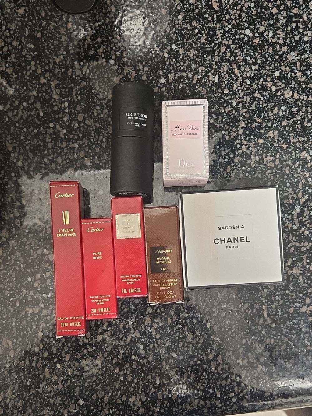 Samples Of CHANEL White Gardenia Box, Cartier, DIOR, AND TOM FORD